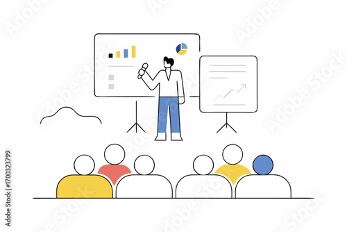 Portrait of young speaker on conference stage, discusing software integration uring professional busines meeting.