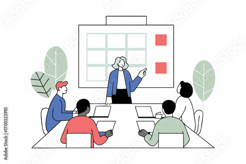 Diverse business team collaborating in office, middl-aged female executive leaing project planning.