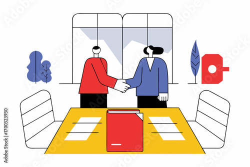 Handshake and agreement in office for partnership orinvestment, contract signig and professional collaboation.