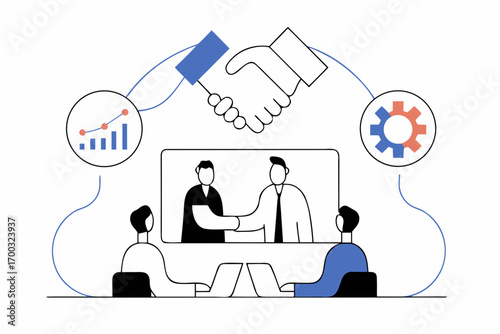 Business partners shaking hands with clients, demonsrating corporate finance, nvestment, and teamwork.