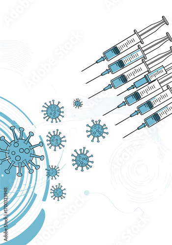 Medical syringes and coronavirus particles representing vaccination and pandemic control