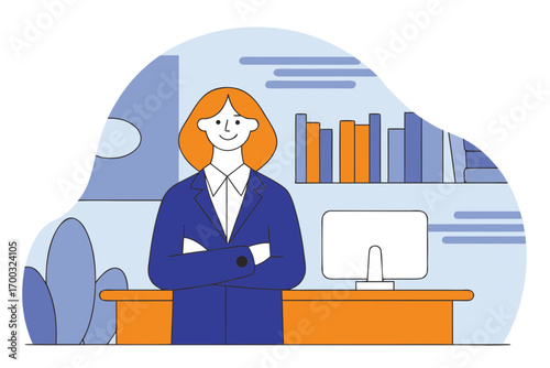 Middle-aged professional businesswoman standing in ofice, confident and approahable executive portrait.