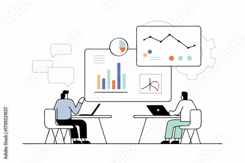 Entrepreneurs analyzing business data in modern offie, teamwork and planning fr growth.