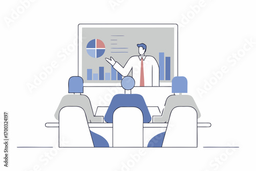 Professional business leader presenting corporate stategy on screen to colleages.