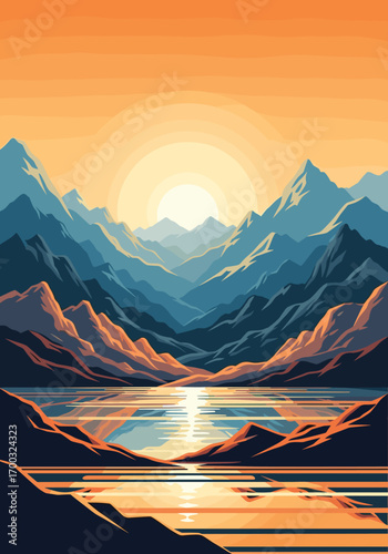 Pixel art majestic mountains reflecting sunrise over serene lake landscape