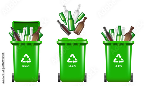 Recycling Bins for glass. Green trash can. Vector illustration isolated on white background.
