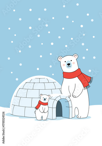 Charming polar bear family spending a snowy winter day beside their igloo home