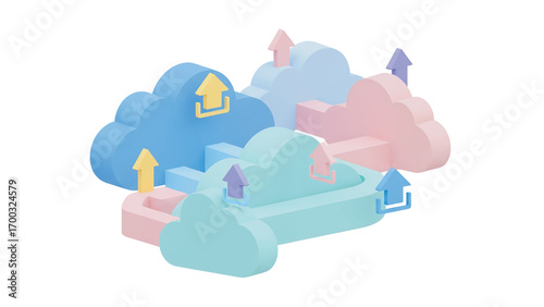 Pastel clouds with arrows pointing upwards represent data transfer and cloud computing on a white backdrop, symbolizing modern technology and connectivity.