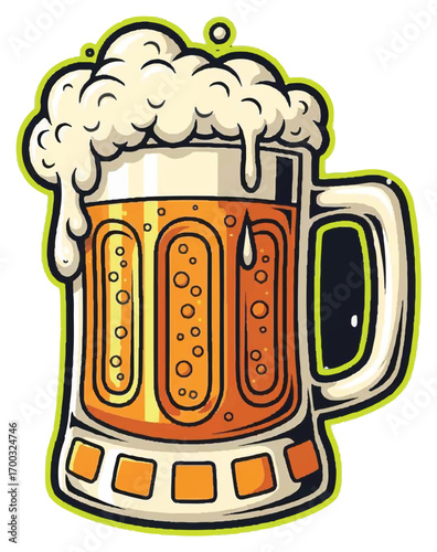 Cartoon illustration of a beer mug filled with beer and topped with foam.