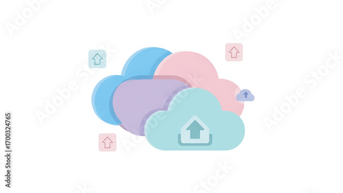 Pastel clouds uploading data to the cloud storage on a white surface, representing modern technology and data transfer in a clean and minimalist style.