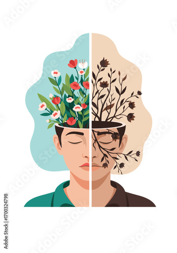 Mental health awareness symbolizing growth and decay within a person's mind