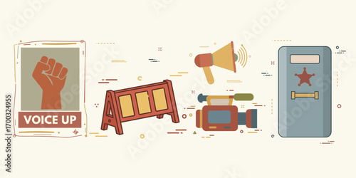 A flat infographic style illustration Includes icons of a protest poster with raised fist "Voice Up", barricade barrier, megaphone, media camera, and riot police shield. Designed with an earthy muted 