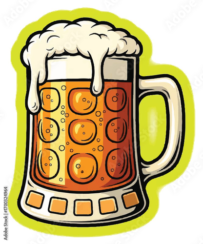 Illustration of a full beer mug with overflowing foam, a refreshing beverage.