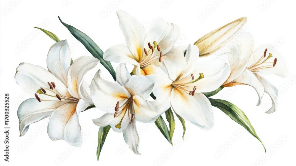 Obraz premium Watercolor illustration of elegant white lilies with green leaves decoration