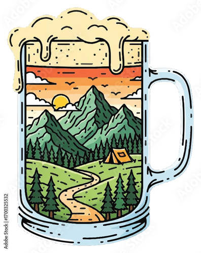A scenic mountain landscape with a winding path and a tent, viewed through a frothy beer mug at sunset.