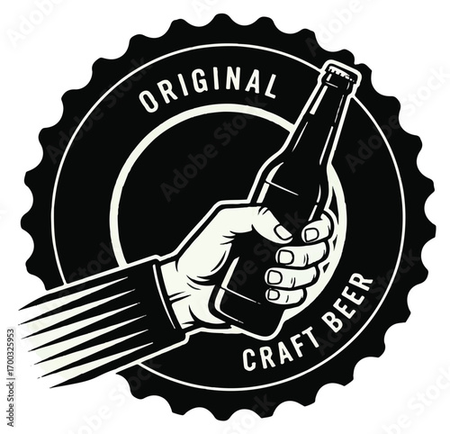 Vintage monochrome emblem of a hand holding a craft beer bottle.