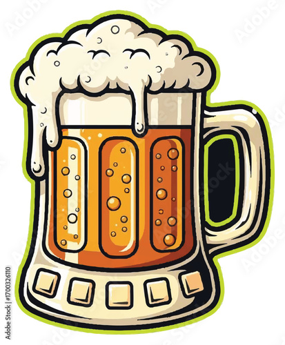 A vibrant cartoon illustration of a frosty beer mug filled with golden, bubbly lager and topped with a thick, overflowing foamy head.