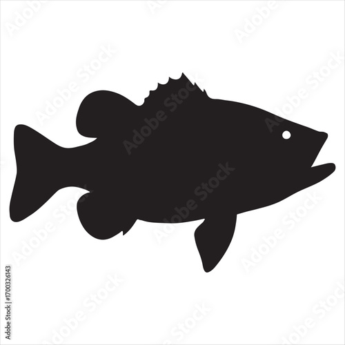Black silhouette of a largemouth bass fish with open mouth and sharp fins isolated on white background