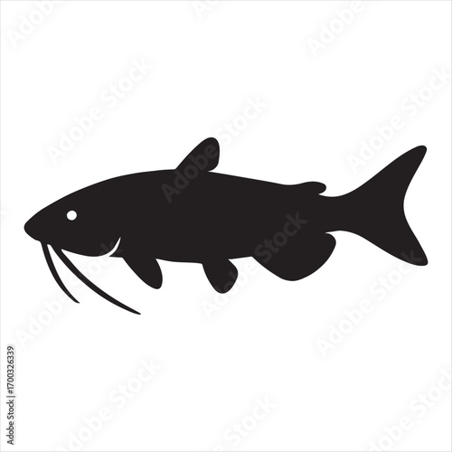 Black silhouette of a catfish with prominent whiskers swimming isolated on a white background