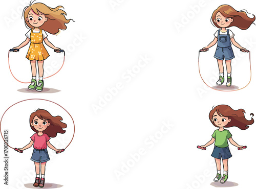 Set of cartoon girls jumping rope, playful children exercising, skip rope activity, outdoor fun, energetic playtime illustration