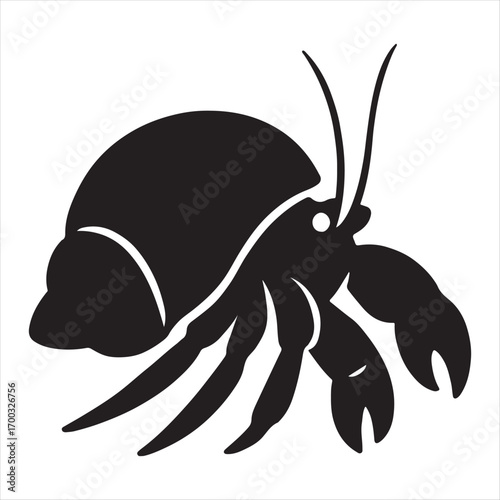 Silhouette of a hermit crab with its shell and antennae clearly visible against a white background