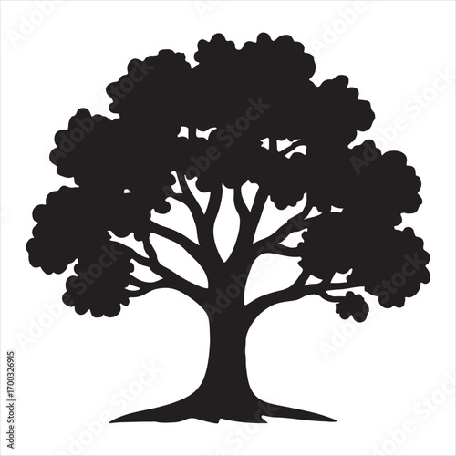 Silhouette of a large deciduous oak tree with a full canopy and strong branches against a white background
