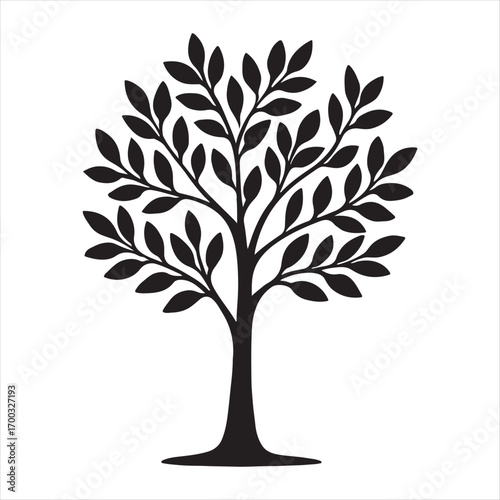 Stylized silhouette of a leafy tree with a strong trunk and spreading branches
