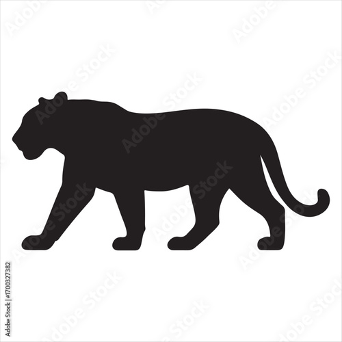 Silhouette of a powerful black panther walking with its tail curved elegantly against a white background