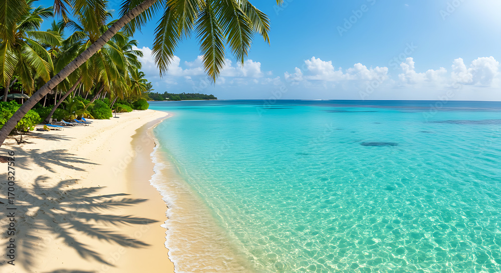 Fototapeta premium Serene Tropical Beach: Turquoise Waters, Palm Trees, Sunny Day, Relaxing Vacation Scene