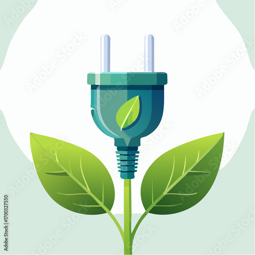 Green Energy Electric Plug With Leaves On Green Background