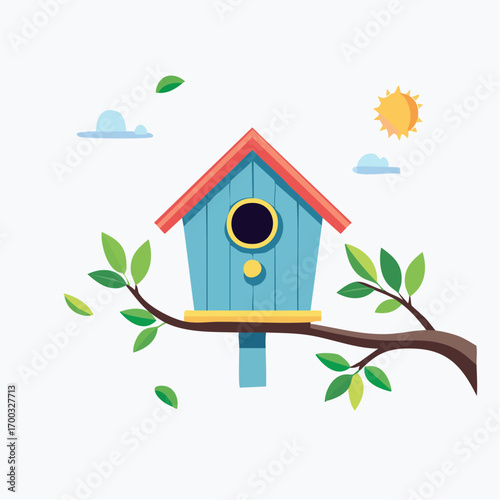 Blue Birdhouse On Tree Branch With Green Leaves Under Sunny Day