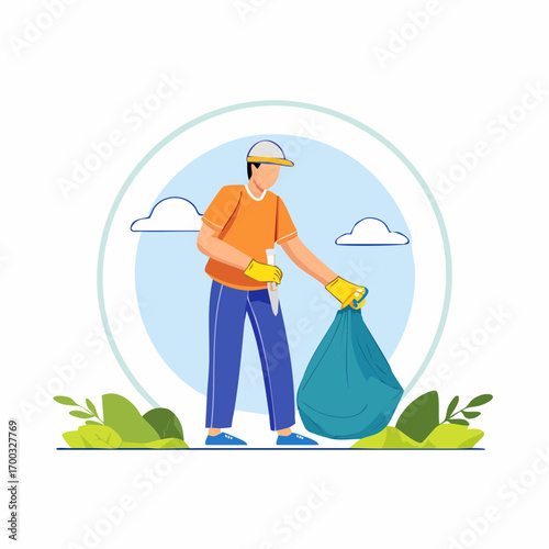 Man Collecting Trash In Park Illustration
