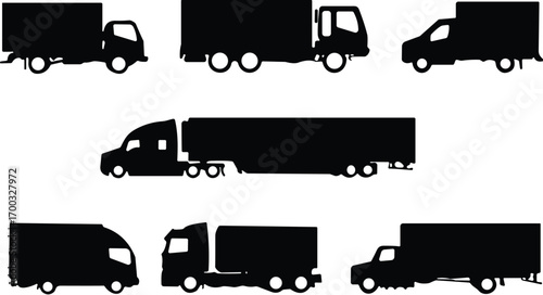 Truck Silhouettes, Commercial Vehicles, Cargo Transport, Delivery Icons, Freight, Logistic, Black Vector, Van, Lorry, Semi-Trailer, Flatbed, Design