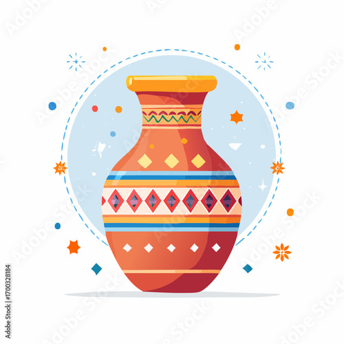 Decorative Terracotta Vase with Geometric Patterns on Light Blue Background
