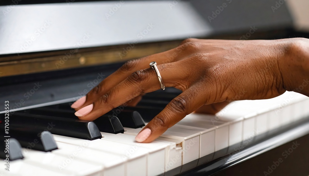 Fototapeta premium A hand plays piano keys, showcasing elegant, light-toned nails and a delicate ring on a dark brown hand.
