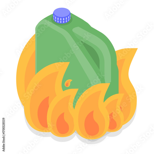 3D Isometric Flat Vector Set of Burning Gasoline Containers, Flammable Gas Tank. Item 1