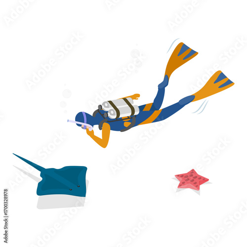 3D Isometric Flat Vector Set of Scuba Divers, Marine Exploring People. Item 1