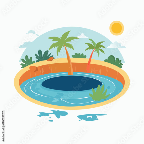 Circular Oasis Palm Trees Blue Water Orange Sand Sunny Sky White Clouds