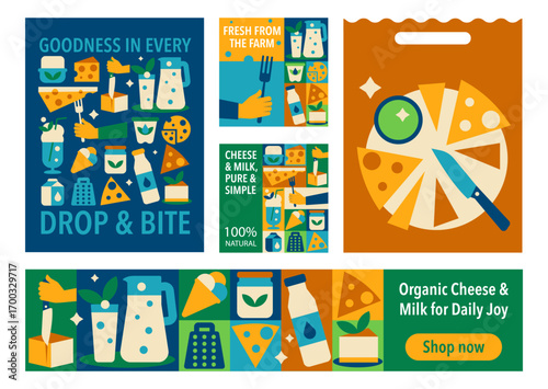 Milk and Cheese Branding Designs. Geometric Posters, Banners, Labels and Packaging Templates