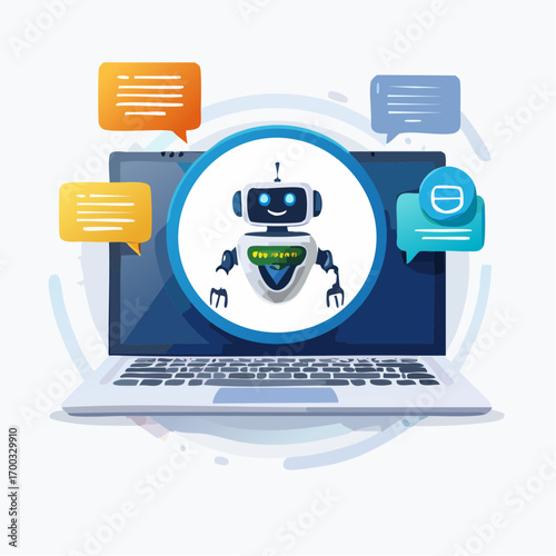 White And Blue Robot On Laptop Screen With Chat Bubbles