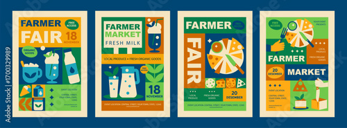Farmer Market Posters with Milk and Cheese. Geometric Mosaic Food Flyers for Festival and Fair