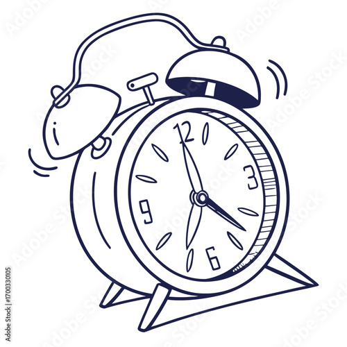 Ringing alarm clock doodle icon for wake-up call and time management concepts in simple line art
