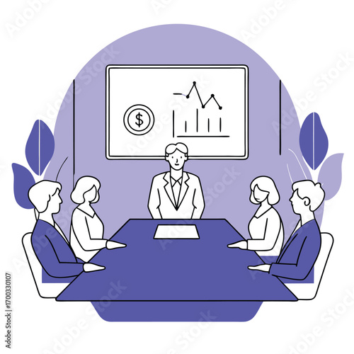 Flat vector silhouette of a ceo leading a dynamic board meeting with executives discussing strategy and growth plans illustration