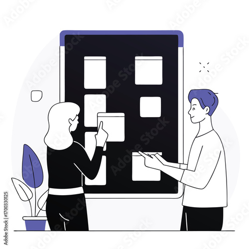 Flat vector illustration of diverse young startup founders collaborating and brainstorming ideas in a modern office setting silhouette