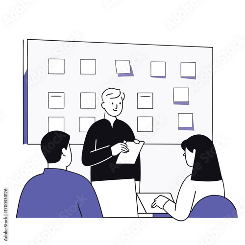Agile team collaborating on sprint planning and task management with a silhouette design