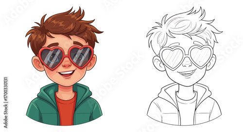 Boy with Heart-Shaped Sunglasses Coloring Page Fun Valentine's Day Fashion Design