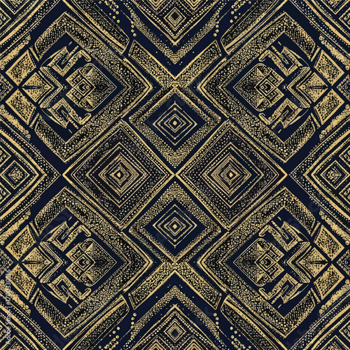 Abstract geometric pattern in gold and black with diamond shapes and intricate details, seamless pattern, royalty free stock.