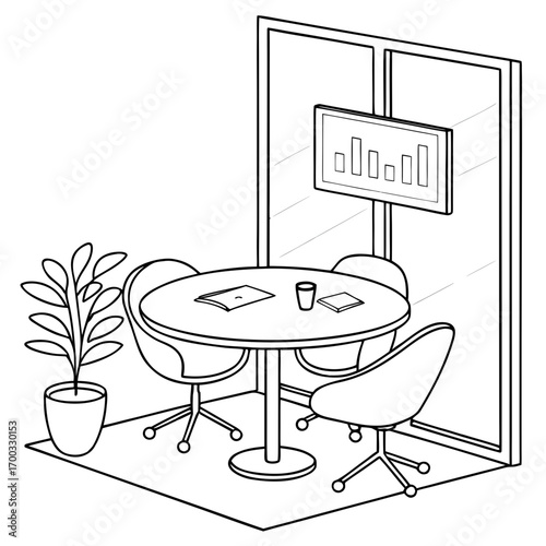 Modern monochrome office meeting space with TV and plant for business collaboration and creative discussions