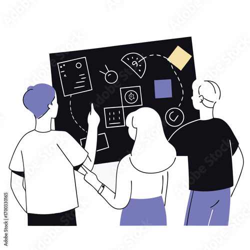 Illustration of a diverse design team collaborating and standing together in a modern office environment silhouette