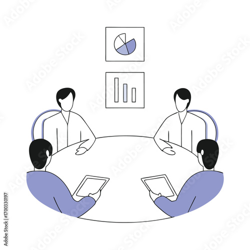 Corporate managers in a meeting discussing business strategy around a table presented as a silhouette